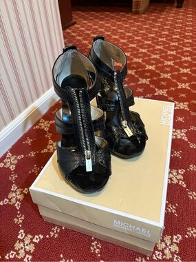 Michael Kors Black Patent Leather Zip-Strap Heels
